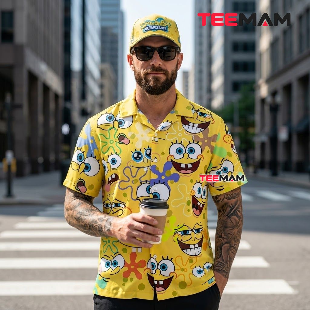 Spongebob Hawaiian Shirt Funny Face Yellow Print Back Spongebob Hawaiian Shirt Funny Face Yellow Print Back