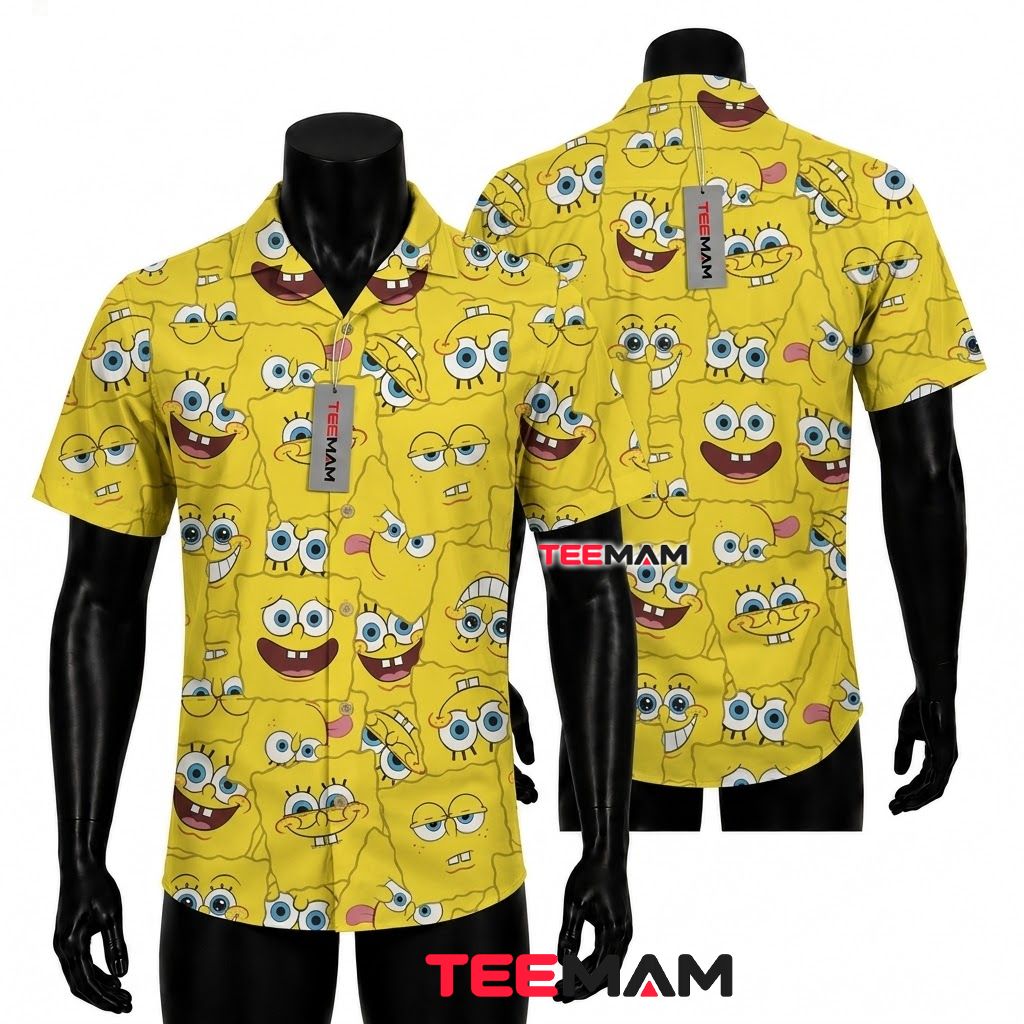 Spongebob Hawaiian Shirt Meme Face Collage Yellow Front