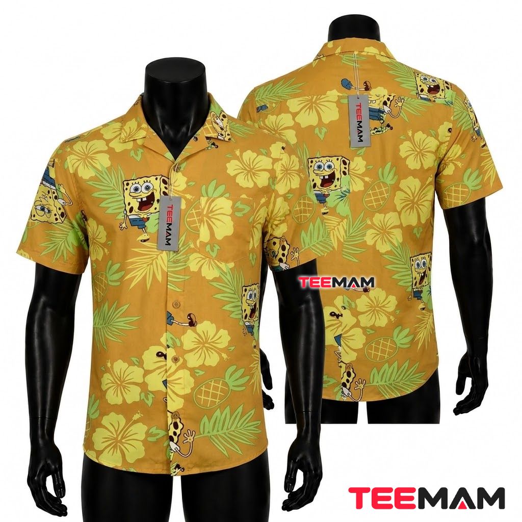 Spongebob Hawaiian Shirt Pineapple Hibiscus Mustard Print Front