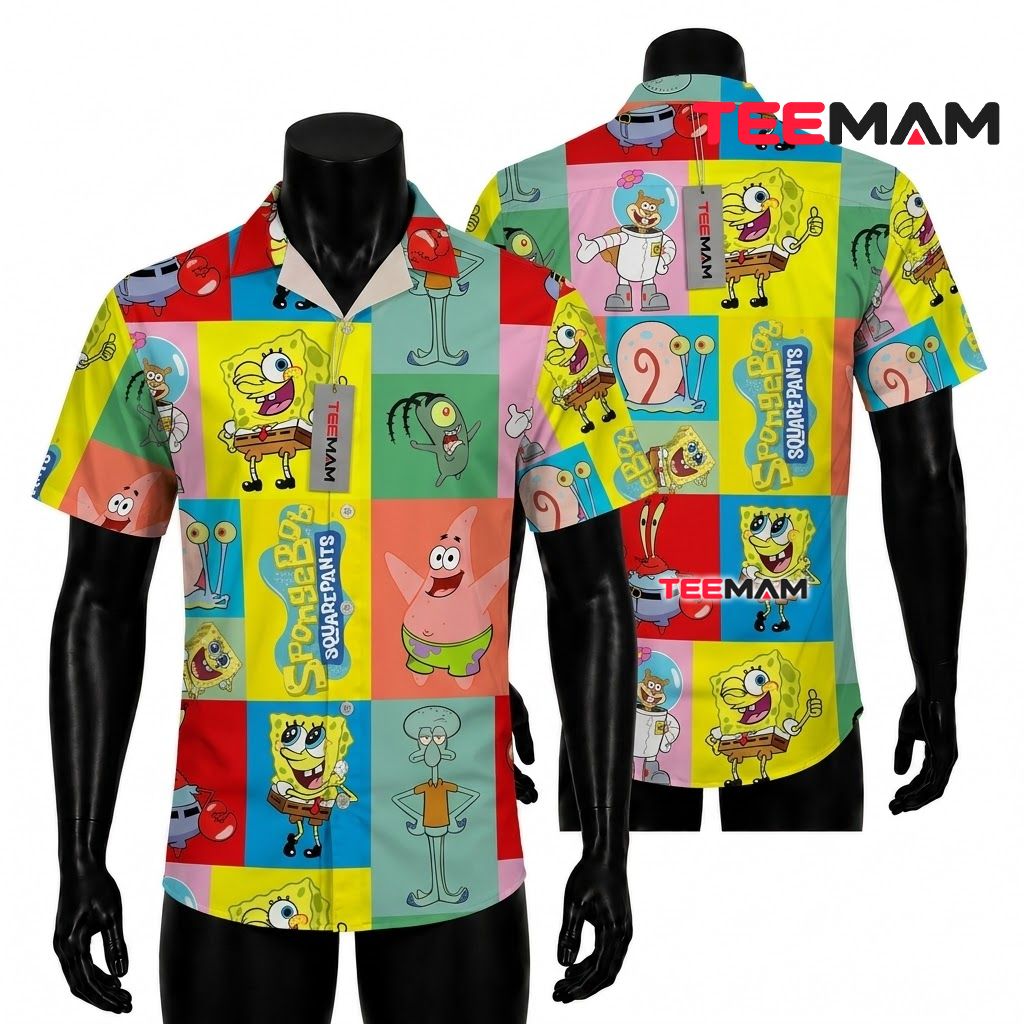 Spongebob Hawaiian Shirt Squarepants Grid Colorful Print Front