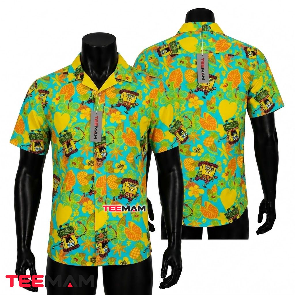 Spongebob Hawaiian Shirt Ukulele Pineapple Turquoise Print Front