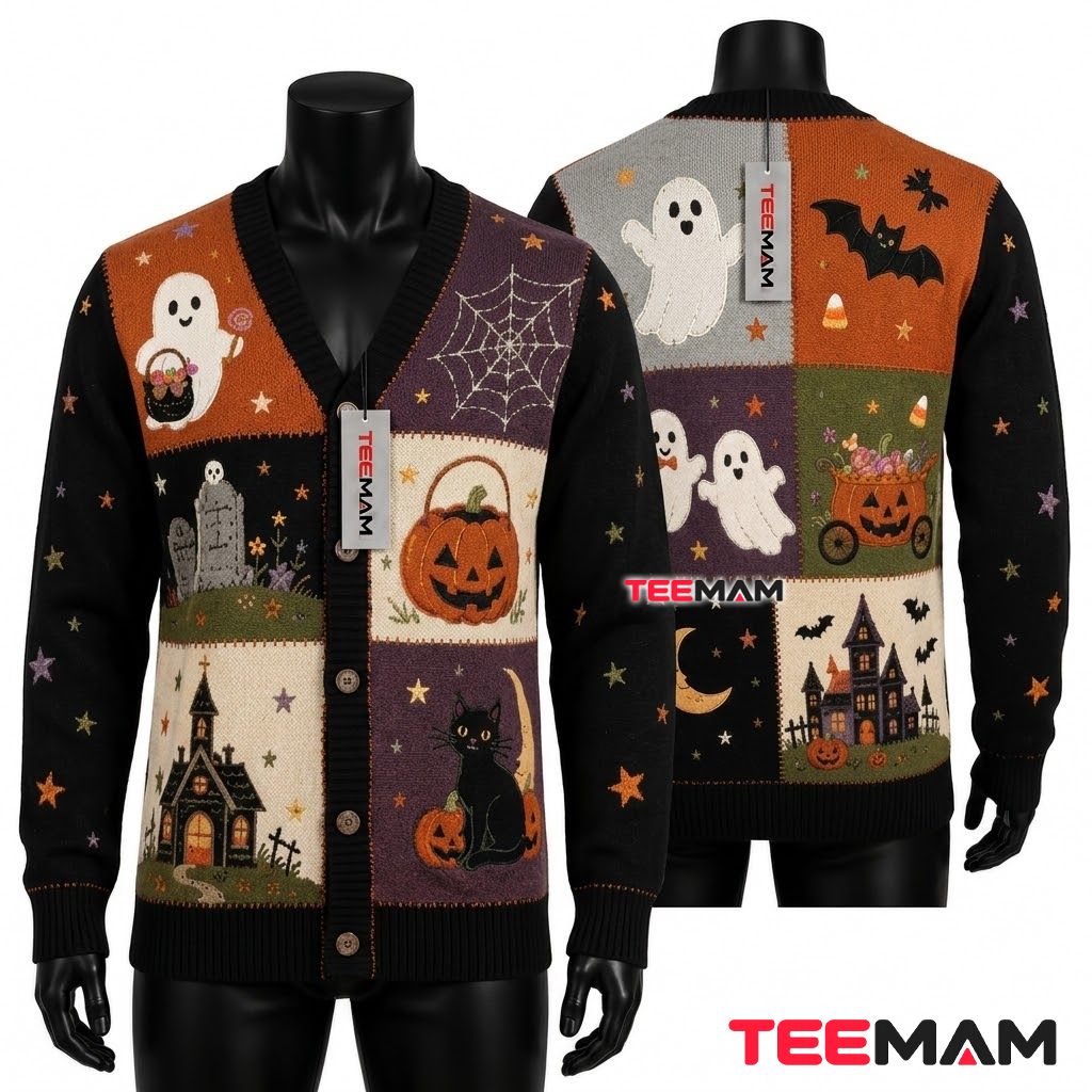 Spooky Halloween Cardigan Haunted House Ghost Sweater 1