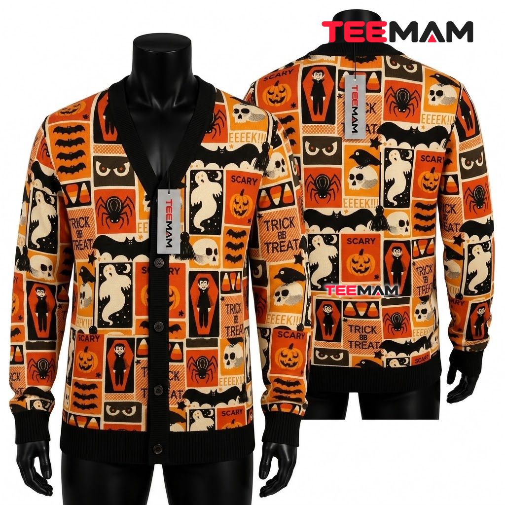 Spooky Halloween Cardigan Patchwork Ghost Vampire Bat 1