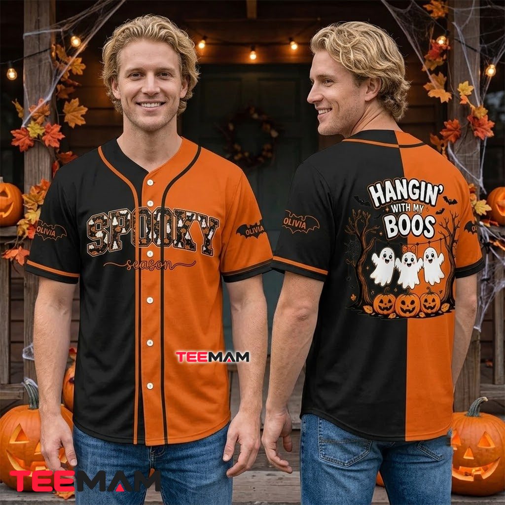 Spooky Season Halloween Baseball Jersey Ghost Boos Orange Black 2 Spooky Season Halloween Baseball Jersey Ghost Boos Orange Black 2