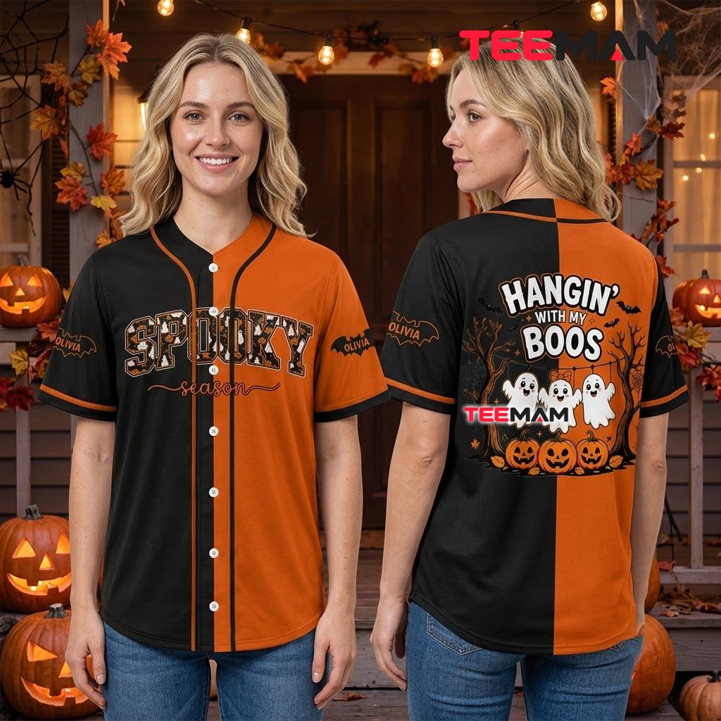 Spooky Season Halloween Baseball Jersey Ghost Boos Orange Black 3 Spooky Season Halloween Baseball Jersey Ghost Boos Orange Black 3