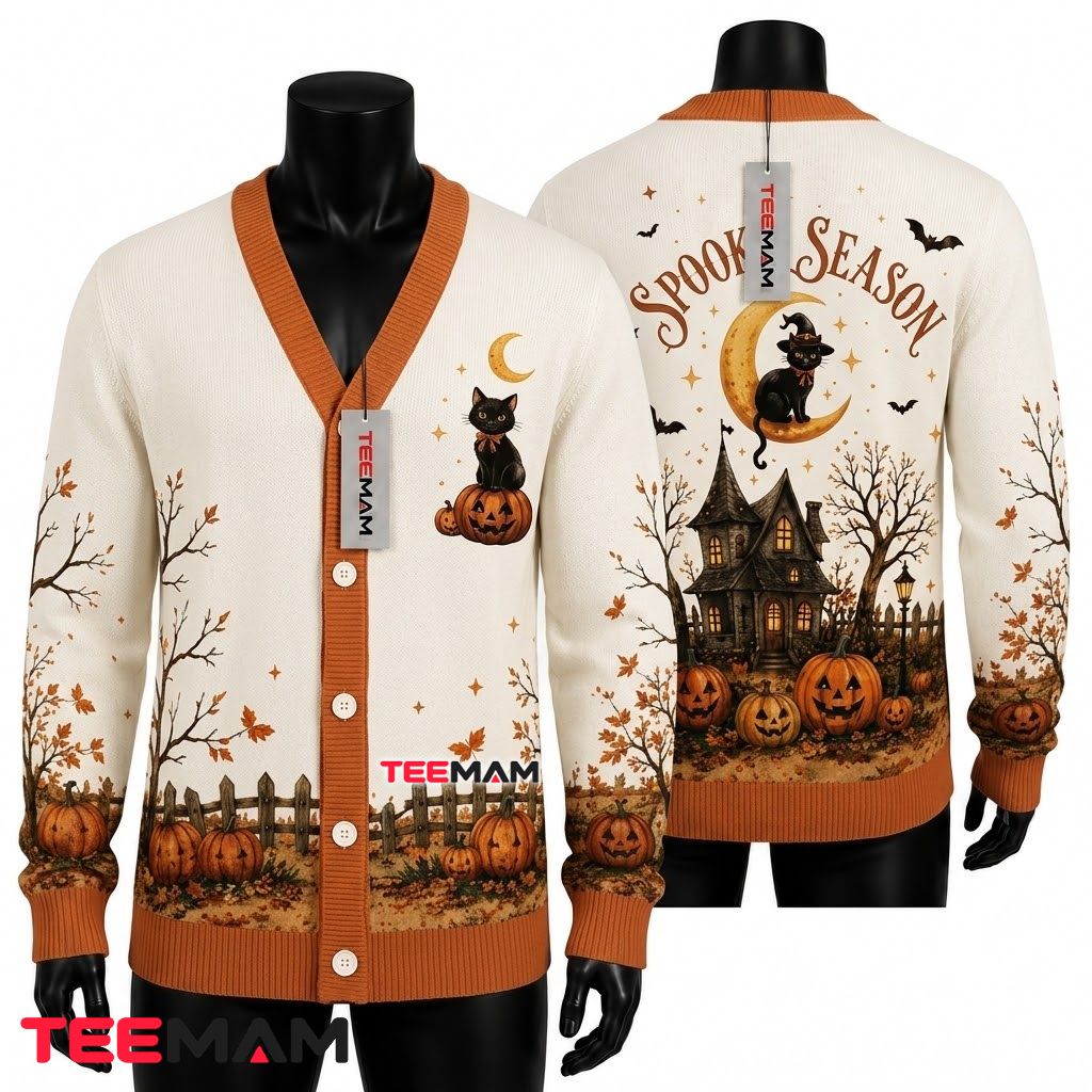 Spooky Season Halloween Cardigan Black Cat Moon Sweater 1