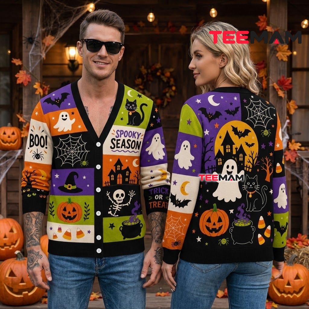 Spooky Season Halloween Cardigan Black Cat Trick or Treat 2 Spooky Season Halloween Cardigan Black Cat Trick or Treat 2