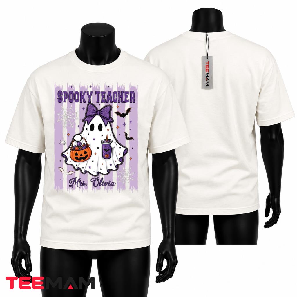 Spooky Teacher Custom Name Ghost Bow T-Shirt