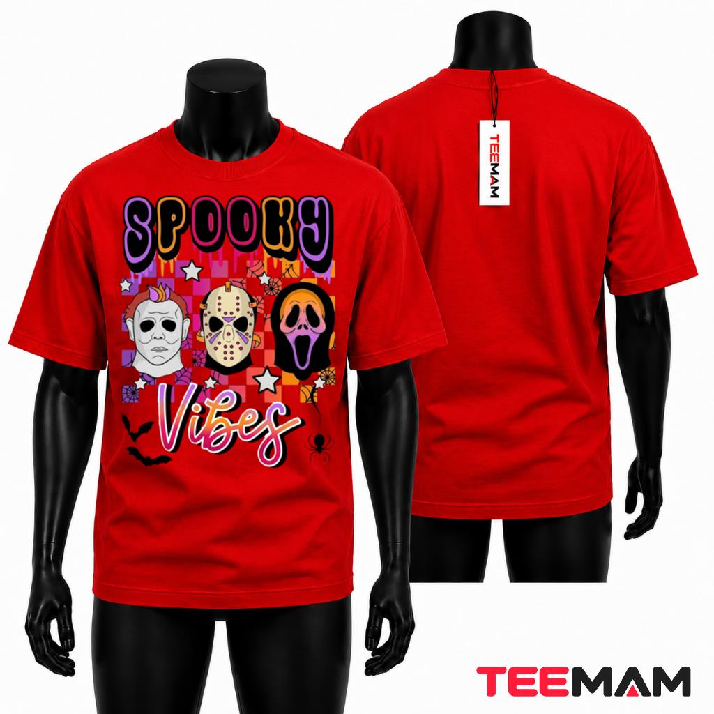 Spooky Vibes Halloween Horror Movie T-Shirt Retro Slasher Villains Checkered