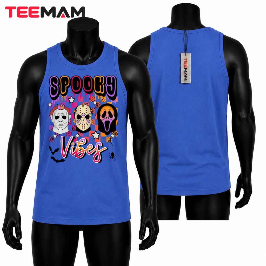 Spooky Vibes Halloween Horror Movie Tank Top Retro Slasher Villains Checkered Spooky Vibes Halloween Horror Movie Tank Top Retro Slasher Villains Checkered