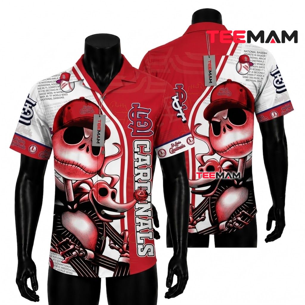 St Louis Cardinals Button Up Shirt Jack Skellington Front