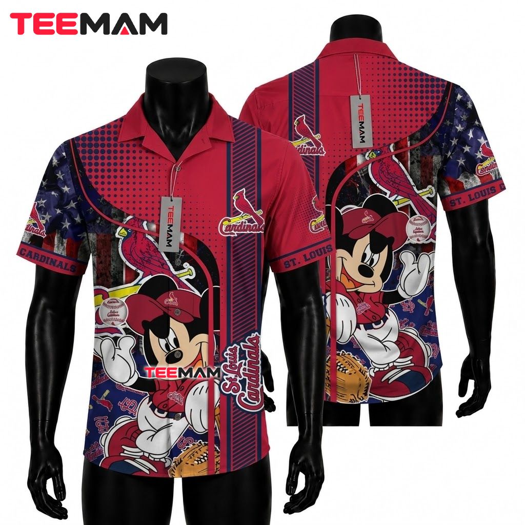 St Louis Cardinals Button Up Shirt Mickey Mouse Front
