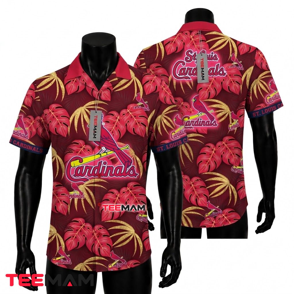 St Louis Cardinals Hawaiian Shirt Gold Monstera Front