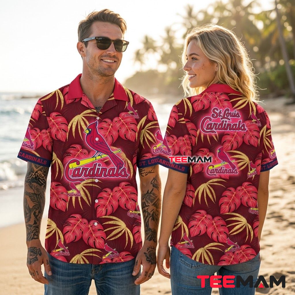St Louis Cardinals Hawaiian Shirt Gold Monstera Back St Louis Cardinals Hawaiian Shirt Gold Monstera Back