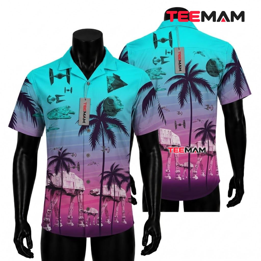 Star Wars Hawaiian Shirt AT-AT Sunset Silhouette Print Front