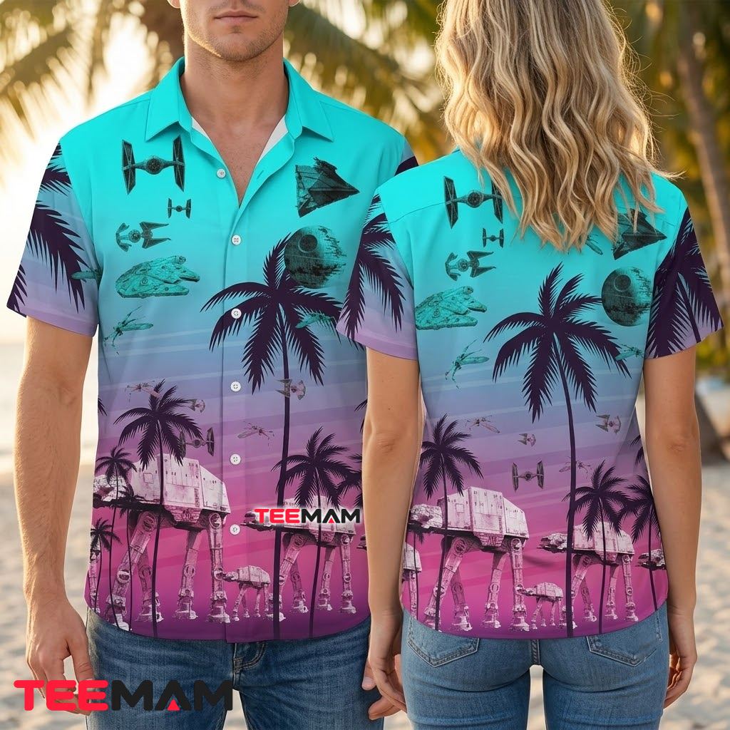 Star Wars Hawaiian Shirt AT-AT Sunset Silhouette Print Back Star Wars Hawaiian Shirt AT-AT Sunset Silhouette Print Back