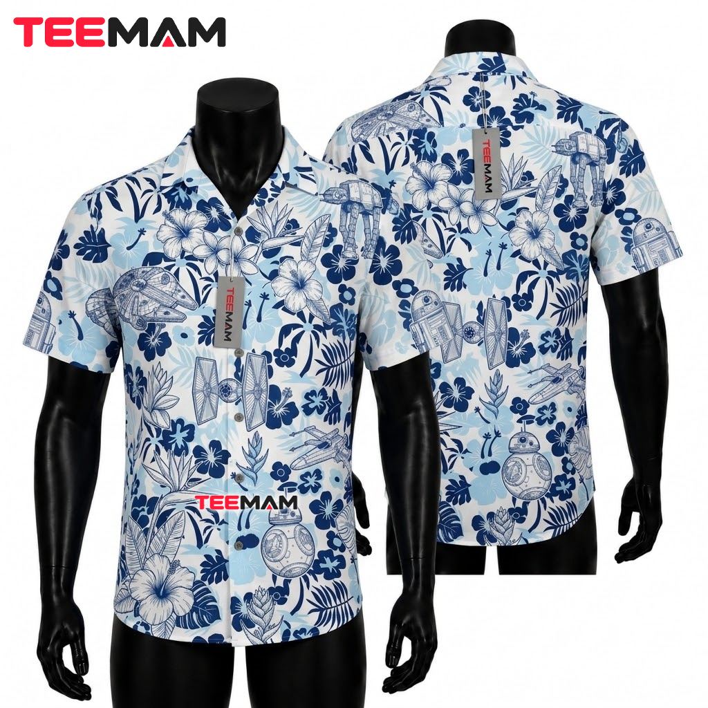 Star Wars Hawaiian Shirt Blue White Floral Spaceship Front