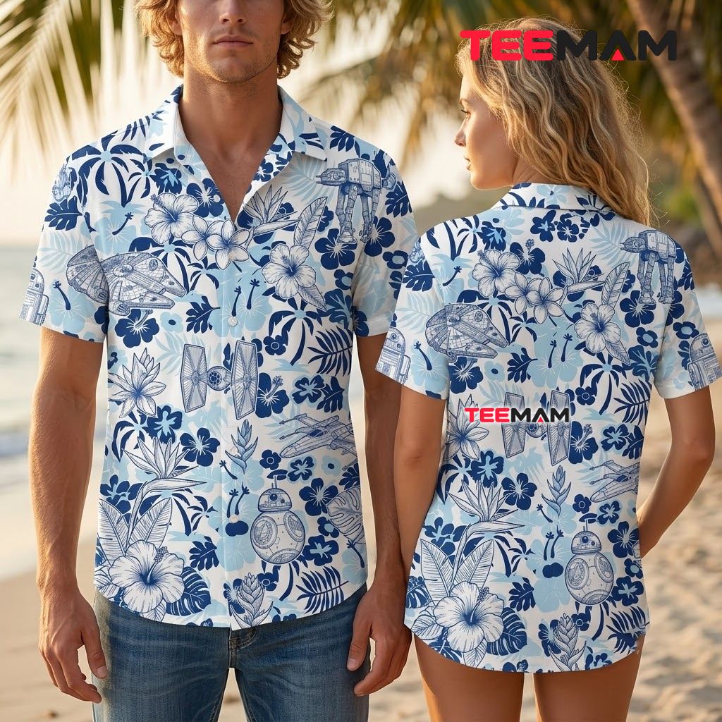Star Wars Hawaiian Shirt Blue White Floral Spaceship Back Star Wars Hawaiian Shirt Blue White Floral Spaceship Back