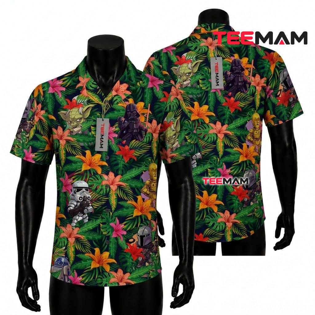 Star Wars Hawaiian Shirt Chibi Character Green Floral Front