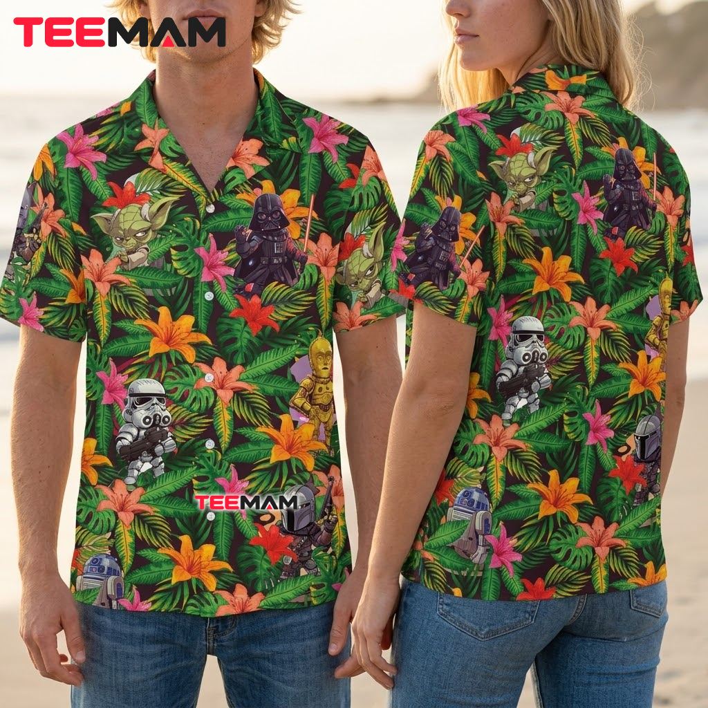 Star Wars Hawaiian Shirt Chibi Character Green Floral Back Star Wars Hawaiian Shirt Chibi Character Green Floral Back