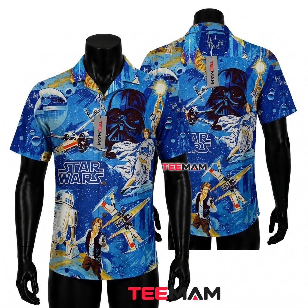 Star Wars Hawaiian Shirt Darth Vader Death Star Blue Front