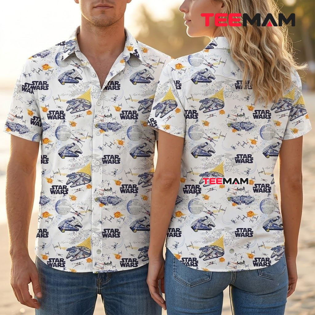 Star Wars Hawaiian Shirt Millennium Falcon White Print Back Star Wars Hawaiian Shirt Millennium Falcon White Print Back