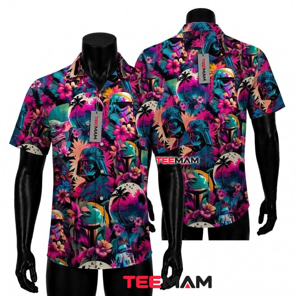 Star Wars Hawaiian Shirt Neon Character Tropical Print Front