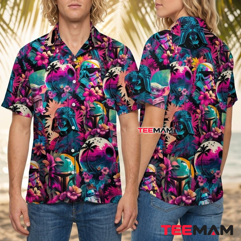Star Wars Hawaiian Shirt Neon Character Tropical Print Back Star Wars Hawaiian Shirt Neon Character Tropical Print Back