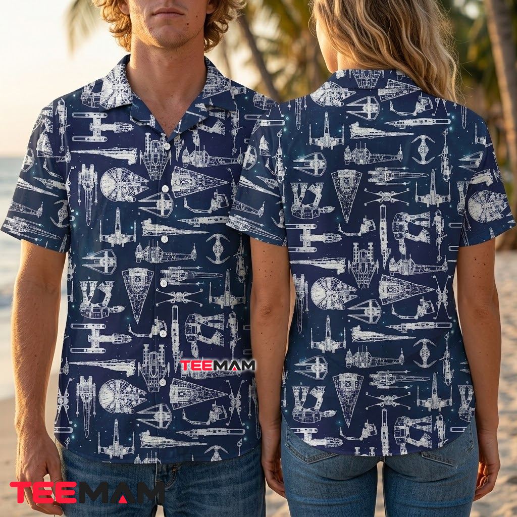 Star Wars Hawaiian Shirt Spaceship Blueprint Navy Print Back Star Wars Hawaiian Shirt Spaceship Blueprint Navy Print Back