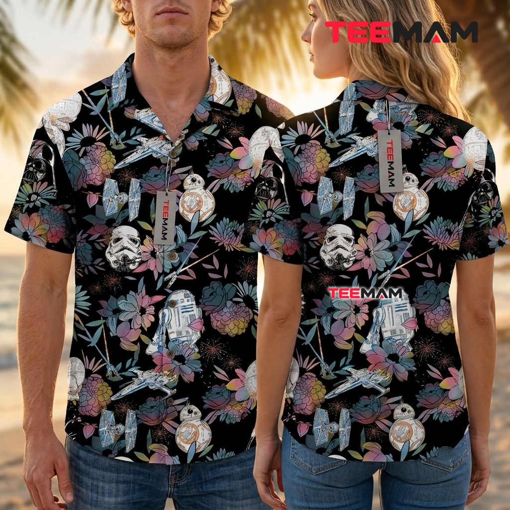 Star Wars Hawaiian Shirt Watercolor Floral Black Print Back Star Wars Hawaiian Shirt Watercolor Floral Black Print Back