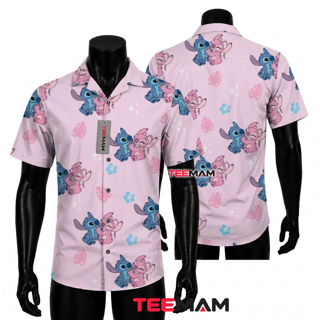 Stitch And Angel Hawaiian Shirt Pink Hug Cute Couple Front