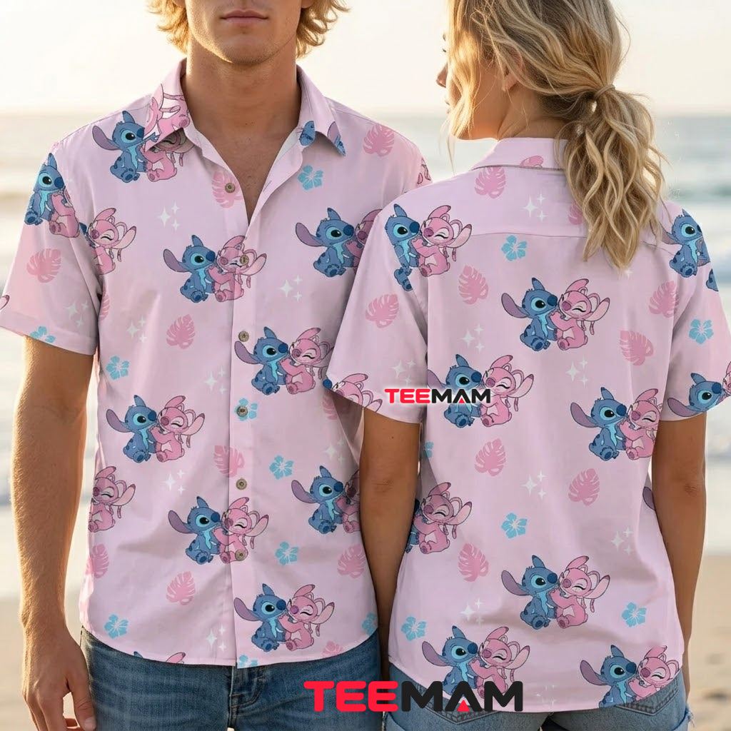 Stitch And Angel Hawaiian Shirt Pink Hug Cute Couple Back Stitch And Angel Hawaiian Shirt Pink Hug Cute Couple Back