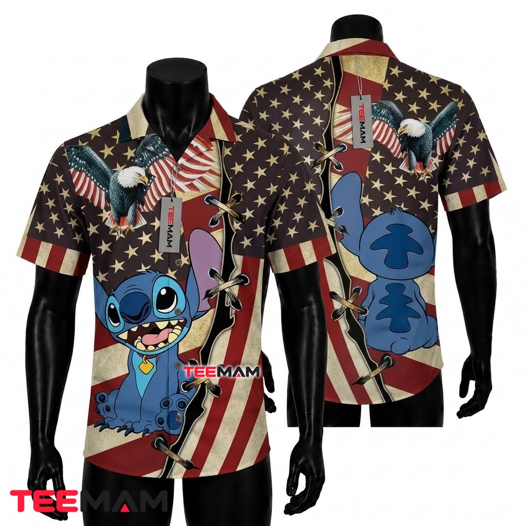 Stitch Hawaiian Shirt American Flag Eagle Design Front