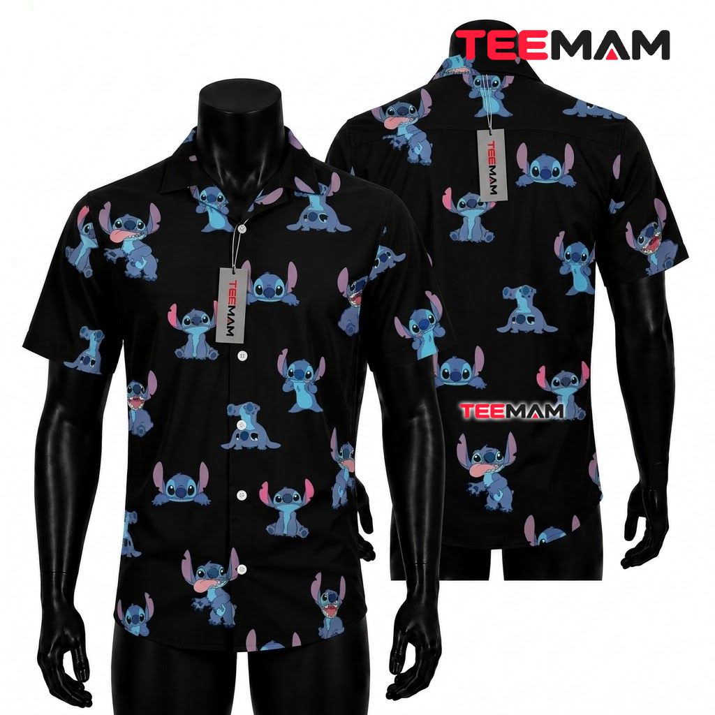 Stitch Hawaiian Shirt Black Minimalist Cute Print Front
