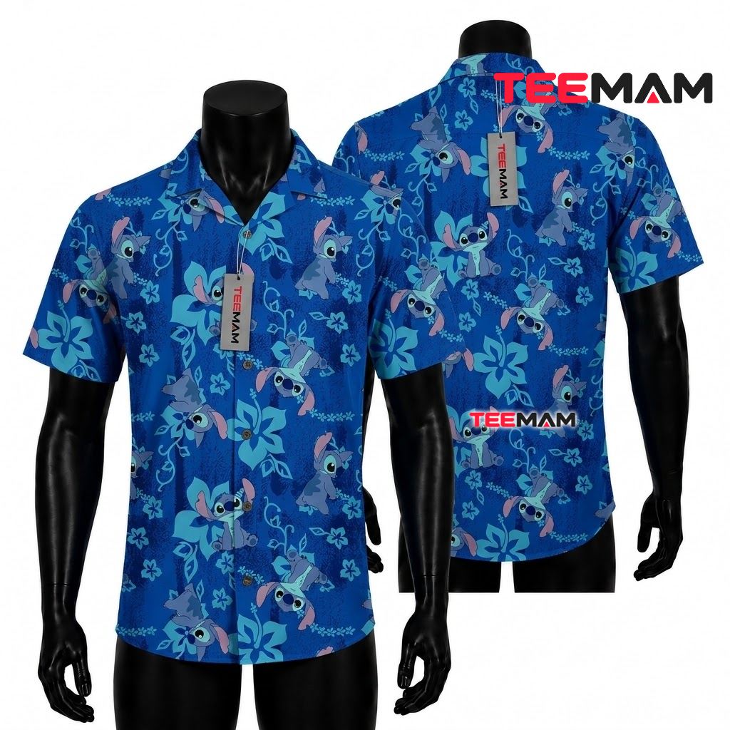 Stitch Hawaiian Shirt Blue Floral Monochrome Pattern Front