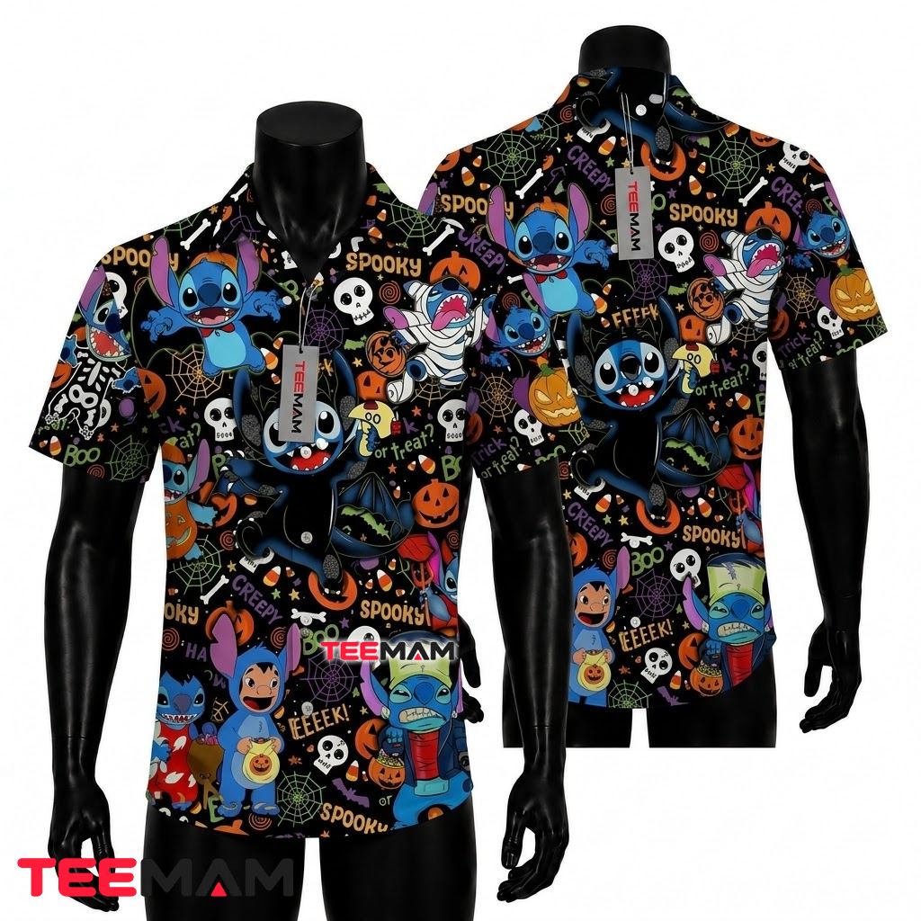 Stitch Hawaiian Shirt Halloween Spooky Pumpkin Skull Front