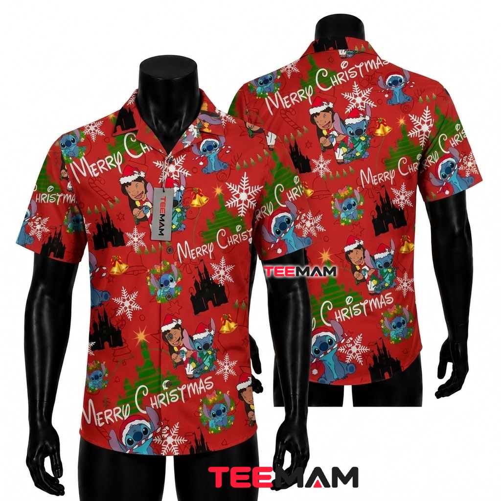 Stitch Hawaiian Shirt Merry Christmas Red Snowflake Print Front