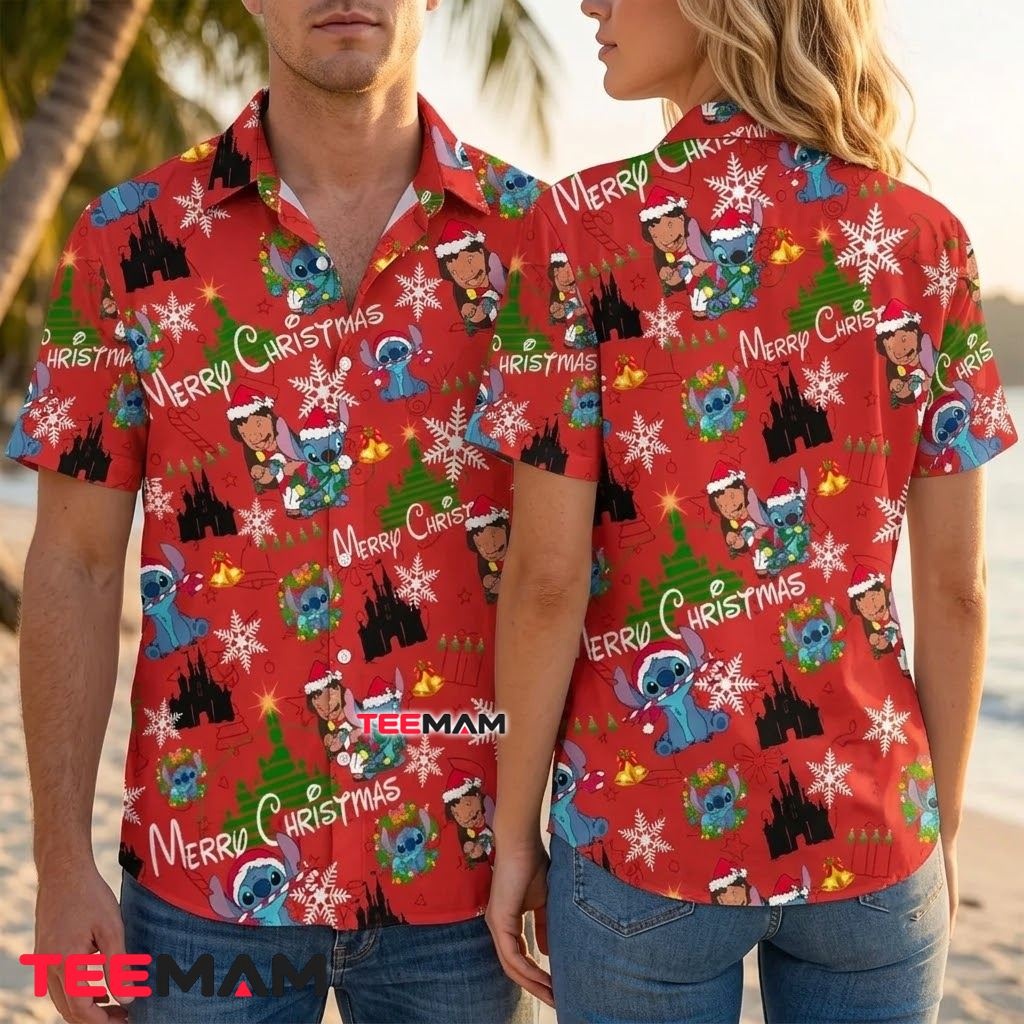 Stitch Hawaiian Shirt Merry Christmas Red Snowflake Print Back Stitch Hawaiian Shirt Merry Christmas Red Snowflake Print Back