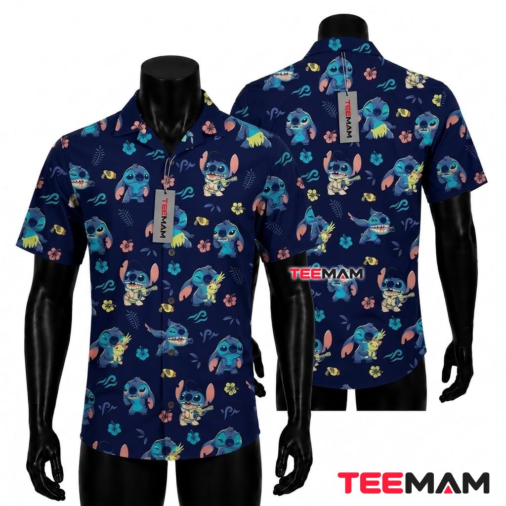 Stitch Hawaiian Shirt Navy Ukulele Fish Hula Print Front