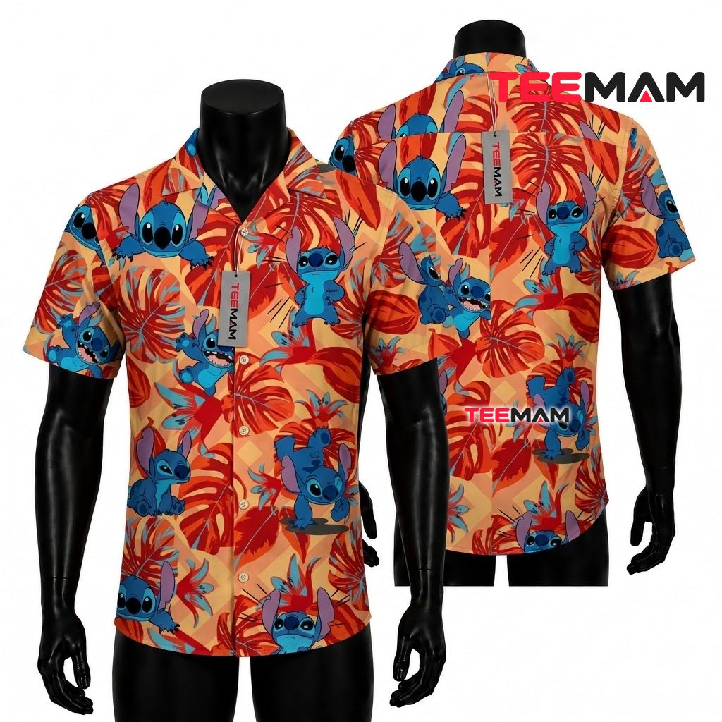 Stitch Hawaiian Shirt Orange Monstera Leaf Tropical Print Front