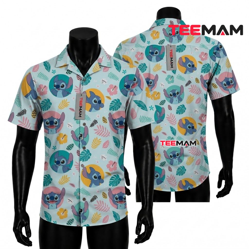 Stitch Hawaiian Shirt Pastel Circle Portrait Tropical Leaf Front
