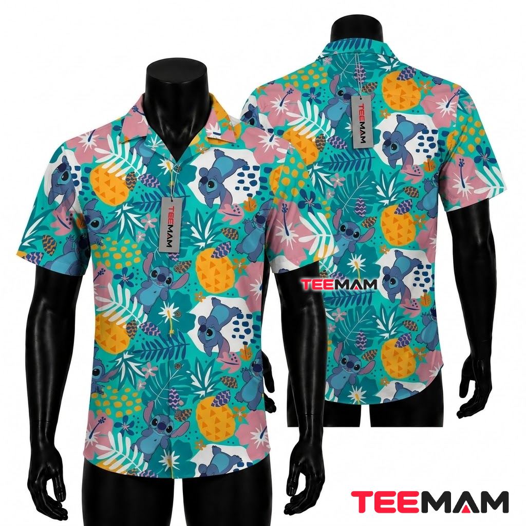 Stitch Hawaiian Shirt Pineapple Tropical Teal Pastel Print Front