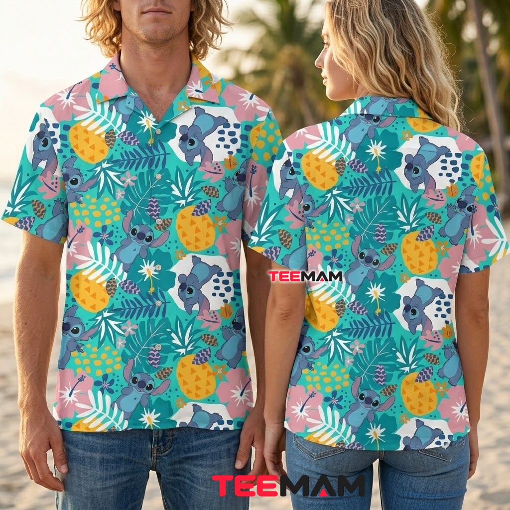 Stitch Hawaiian Shirt Pineapple Tropical Teal Pastel Print Back Stitch Hawaiian Shirt Pineapple Tropical Teal Pastel Print Back