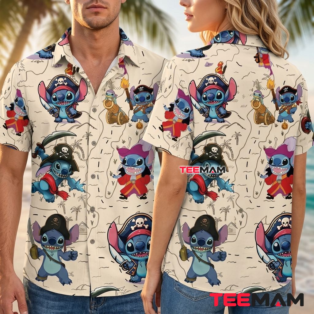 Stitch Hawaiian Shirt Pirate Treasure Map Costume Print Back Stitch Hawaiian Shirt Pirate Treasure Map Costume Print Back