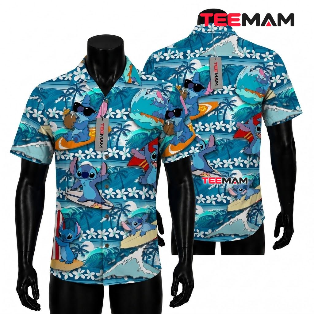 Stitch Hawaiian Shirt Surfing Wave Ocean Blue Print Front