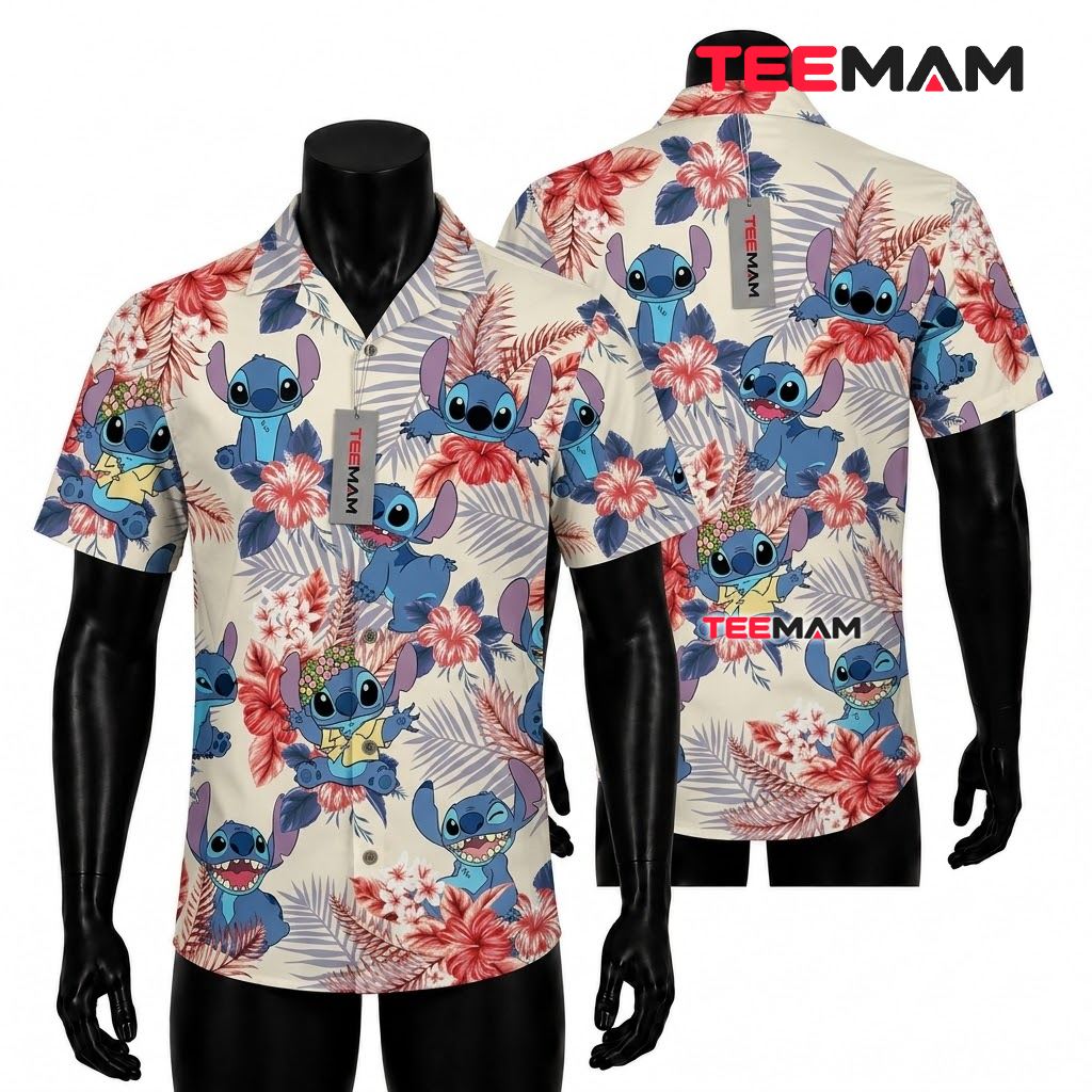 Stitch Hawaiian Shirt Tropical Jungle Green Floral Leaves