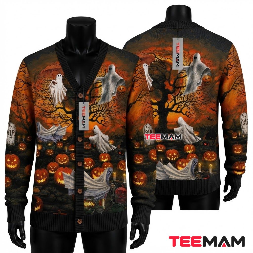 Sunset Halloween Cardigan Ghost Graveyard Pumpkin 1
