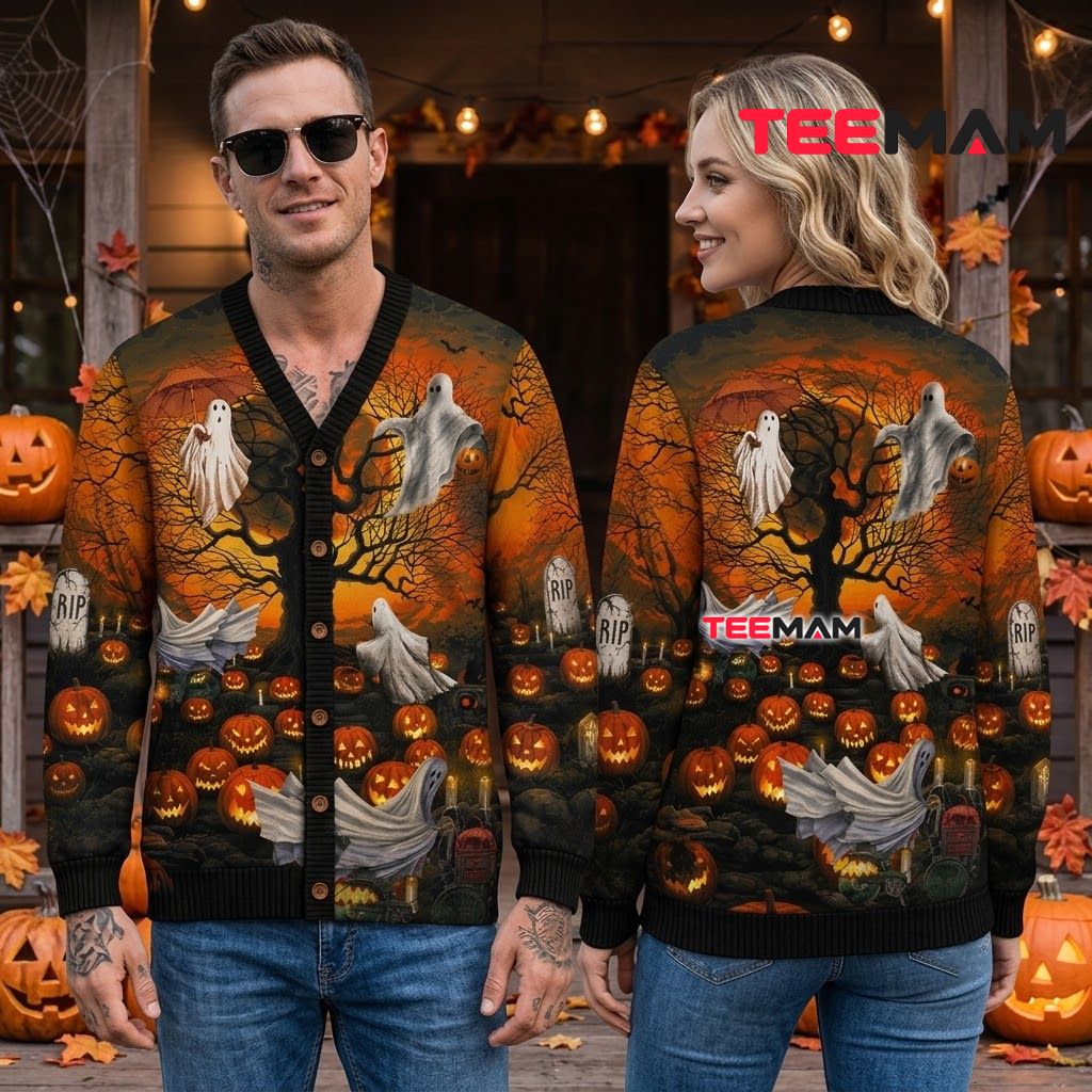 Sunset Halloween Cardigan Ghost Graveyard Pumpkin 2 Sunset Halloween Cardigan Ghost Graveyard Pumpkin 2
