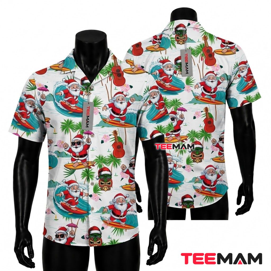 Surfing Santa Christmas Hawaiian Shirt Tropical Tiki Mask Ukulele White Front