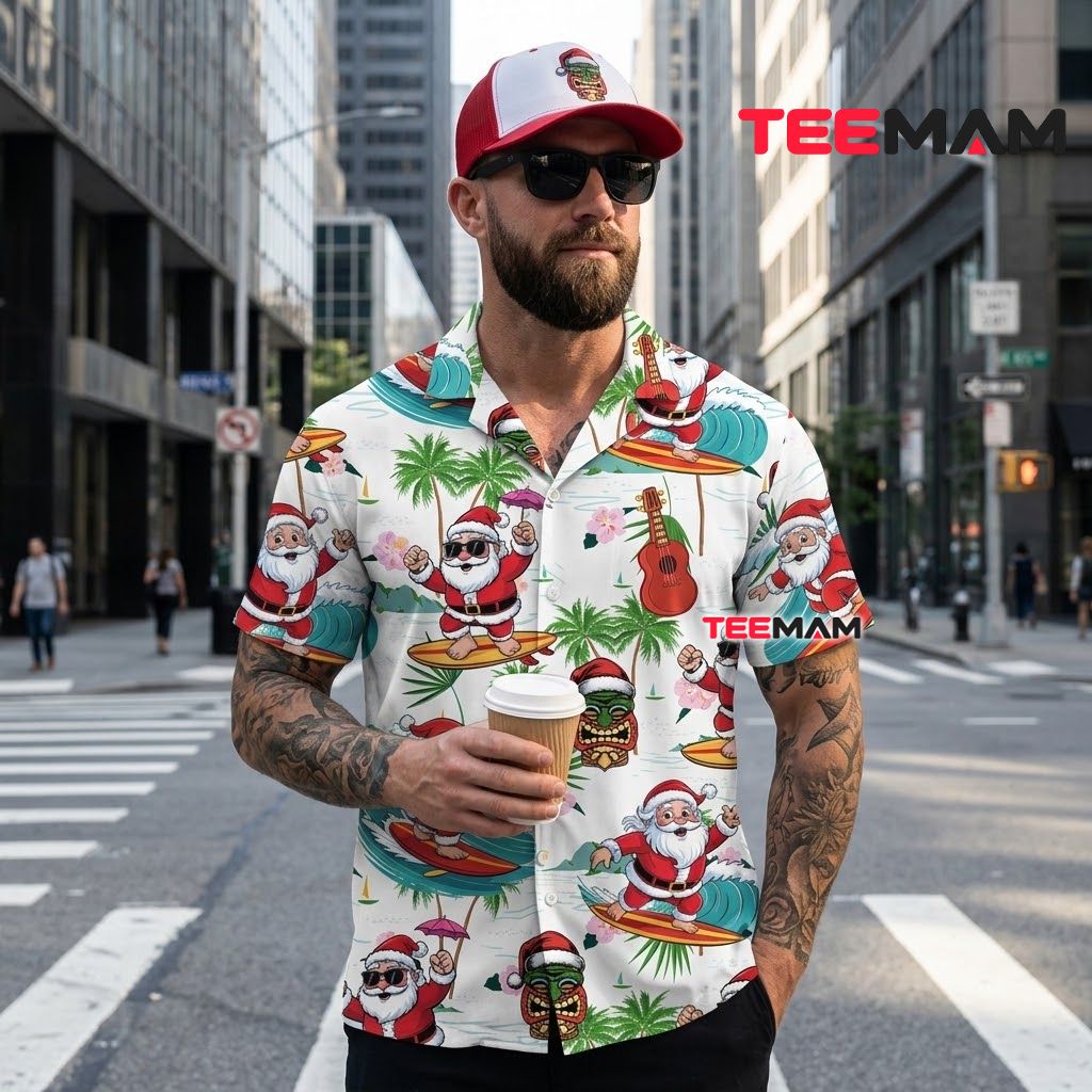 Surfing Santa Christmas Hawaiian Shirt Tropical Tiki Mask Ukulele White Back Surfing Santa Christmas Hawaiian Shirt Tropical Tiki Mask Ukulele White Back